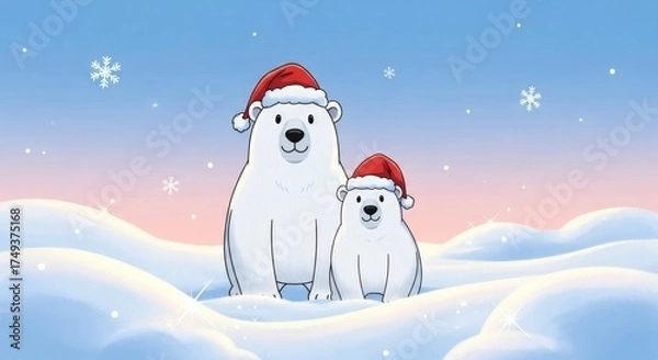Fototapeta Two Adorable Polar Bears Wearing Santa Hats Enjoying a Snowy Winter Wonderland Scene