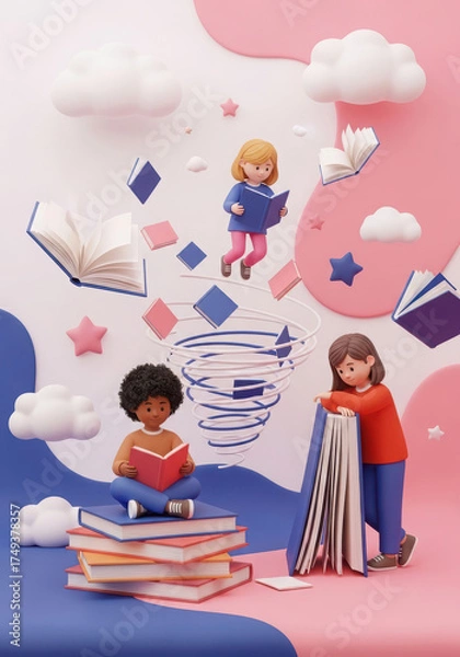 Fototapeta Children reading books and imagining worlds of fantasy
