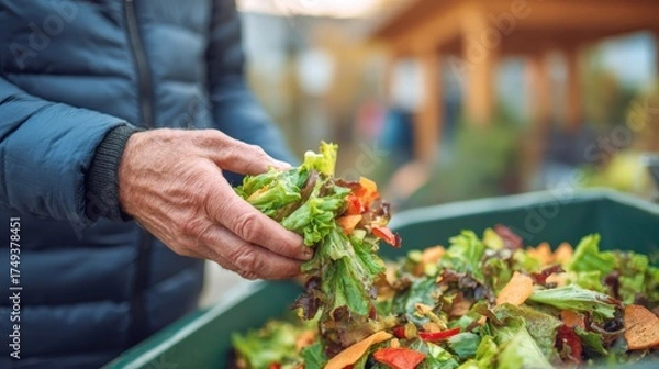 Fototapeta Man hand selecting fresh organic lettuce and salad vegetables for healthy meal in outdoor farm or garden setting du daytime