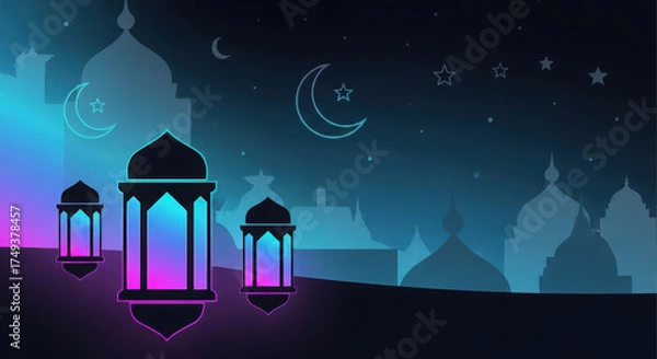 Fototapeta Glowing ramadan lanterns illuminate a mystical cityscape under a crescent moon