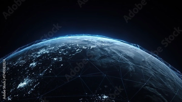 Fototapeta Blue Tech Network Earth: Night View and Digital Connection Scene