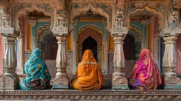 Fototapeta Women in traditional bright clothes sit near an old ornate building.
Used in materials about culture, traditions, ethnic style, tourist guides to historical sites.