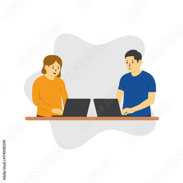Fototapeta Flat Illustration of a Man and Woman Working Side by Side with Their Black Laptops. Perfect for Office, Collaboration, Business, and Co-Working.