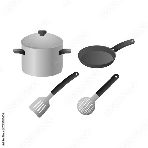 Fototapeta Vector Essential Cooking Utensils Including Pot, Pan, and Spatula. Perfect for Kitchen, Cooking Preparation, Culinary, and Home Cooking.