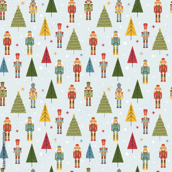 Obraz Seamless Christmas Pattern with Nutcrackers in Vector on light blue background.