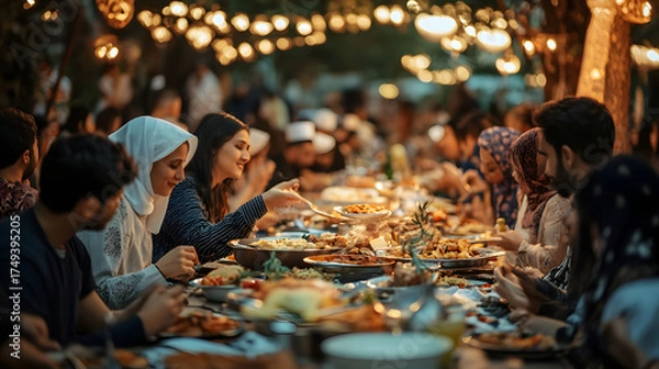 Fototapeta A group of muslim people are gathered around a long table, sharing a meal together in a warm and inviting atmosphere, celebrating ramadan iftar