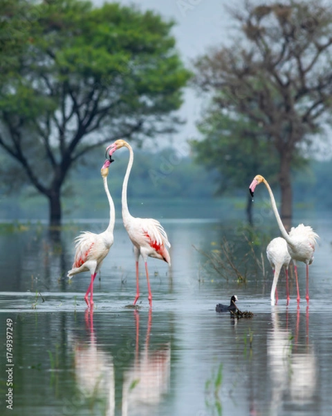 Fototapeta nature scenery or natural painting by Greater flamingo or Phoenicopterus roseus flock or flamingos family during winter migration at Keoladeo National Park Bharatpur bird sanctuary rajasthan india