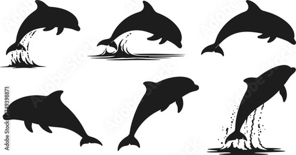 Obraz Black Dolphin Silhouettes in Motion with Splash Effects, Jumping, Swimming, and Diving Marine Mammals for Ocean Wildlife Vector Design
