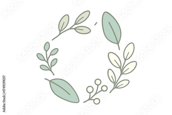 Fototapeta Minimalist botanical wreath frame with soft green leaves and simple berry clusters