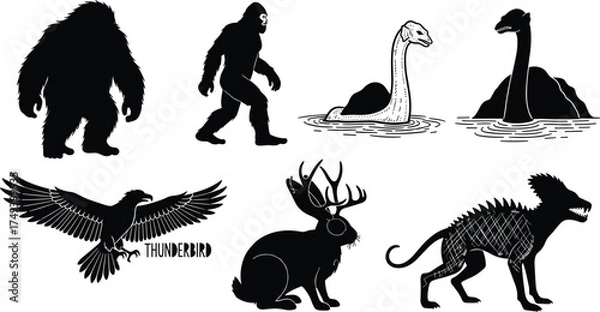 Obraz Black and white vector illustration of mythical cryptid creatures including Bigfoot, Loch Ness Monster, Thunderbird, Jackalope, and Chupacabra folklore icons