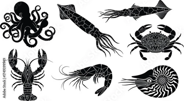 Obraz Black and White Marine Animal Silhouettes with Geometric Patterns – Octopus, Squid, Crab, Lobster, Shrimp, Nautilus – Ocean Vector Set
