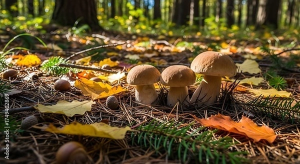 Fototapeta Boletus Edulis Mushrooms in Autumn Forest Sunlight.