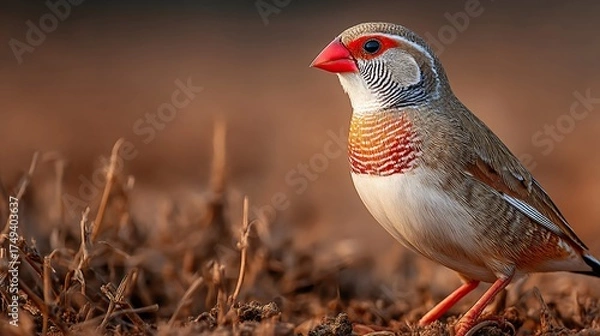 Fototapeta Brightly colored zebra finch standing gracefully on green grass in a vibrant natural habitat