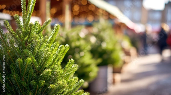 Fototapeta Green spruce trees lining a stall at an outdoor market, focusing on the fresh needles with blurred festive lights and shoppers creating a warm holiday background