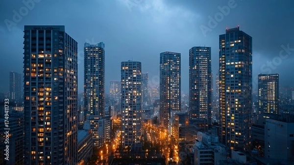 Fototapeta Stunning urban skyline at night captured during twilight with a blue-gray atmosphere overhead
