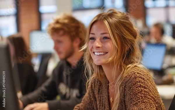 Fototapeta Woman smiling while looking at computer engaging with colleagues in natural light and warm tones