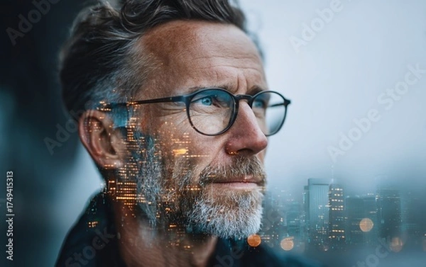 Fototapeta Businessman with glasses posing against holographic city skyline with futuristic digital overlay
