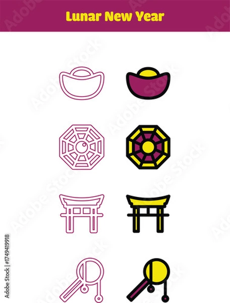 Obraz Celebrate Lunar New Year with vibrant icons of fortune, prosperity, and ancient tradition for your design