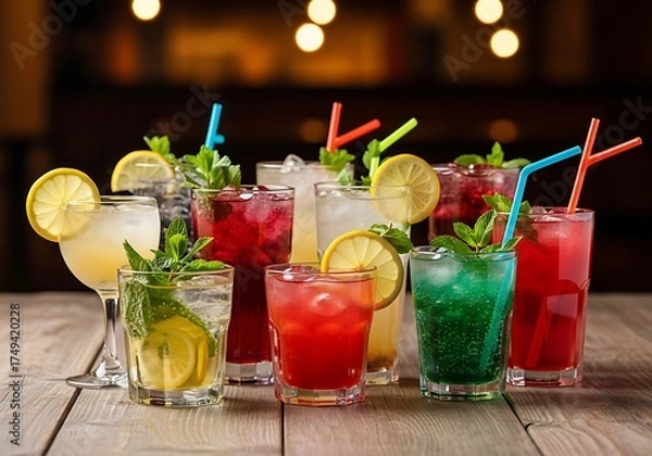Fototapeta Colorful Cocktails - A Refreshing Assortment of Mixed Drinks.