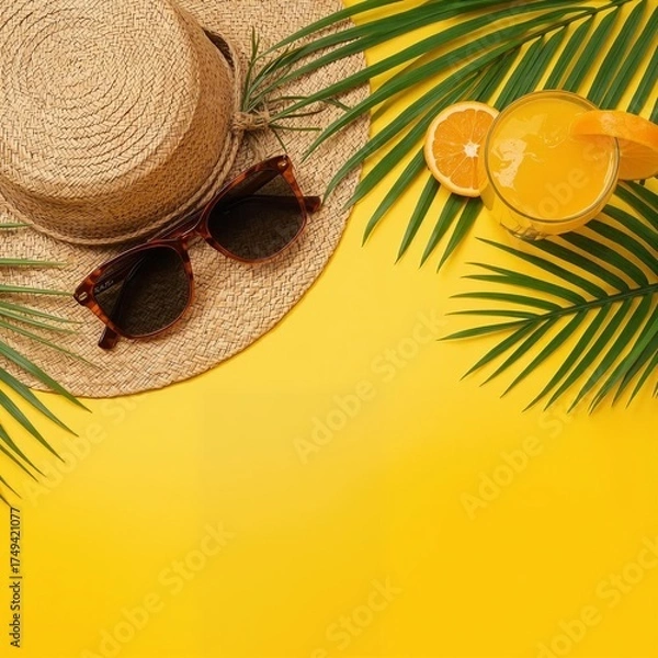 Obraz Summer vacation essentials straw hat sunglasses orange juice and palm leaves