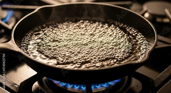 Obraz Simmering Sauce in Cast Iron Skillet on Gas Stove.