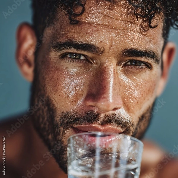 Fototapeta Close-up portrait of a man drinking refreshing water with a focus on hydration and vitality