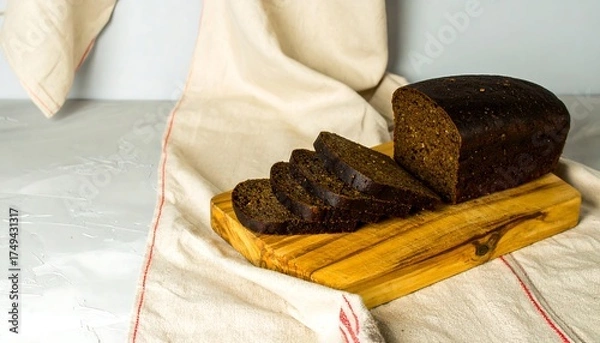 Obraz A loaf of dark, sliced bread rests on a wooden cutting board, on a linen cloth, against a pale background