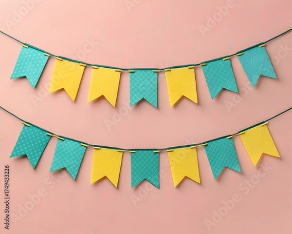 Fototapeta Colorful Teal and Yellow Bunting Flags Hung on a Pink Background garland banner