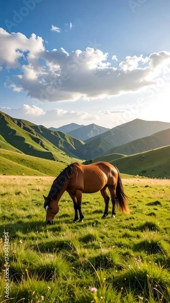 Obraz A lone brown horse grazes peacefully in a vibrant green meadow, with rolling hills and a cloudy blue sky in the background, bathed in sunlight
