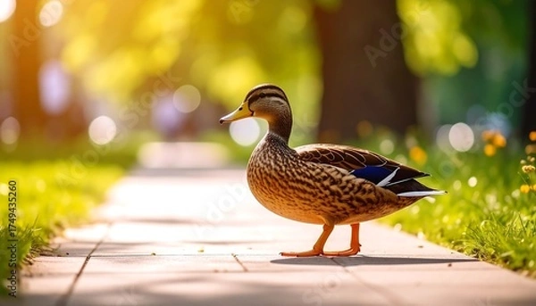Obraz A lone duck stands on a brick pathway in a park, bathed in warm sunlight. The setting is bright, blurred green foliage in the background