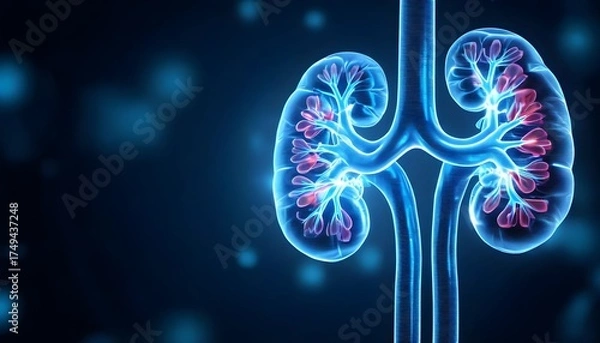 Fototapeta Illustration of human kidneys with blood vessels, displayed in blue against a dark background with bokeh effects.