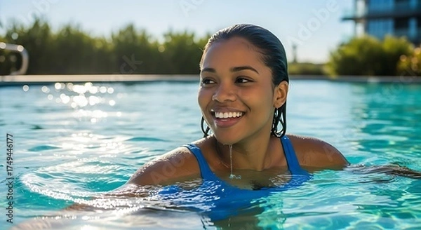 Obraz Radiant Woman Enjoying a Refreshing Swim in the Pool.