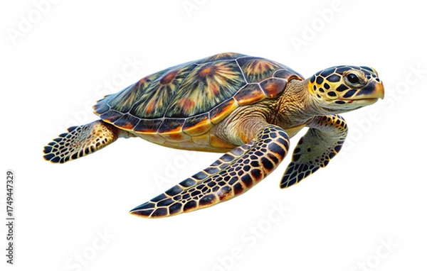 Fototapeta Majestic hawksbill sea turtle swimming underwater with colorful shell and flippers isolated