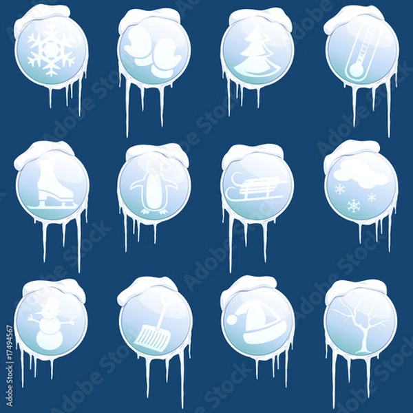 Fototapeta Collection of round glossy winter icons with icicles