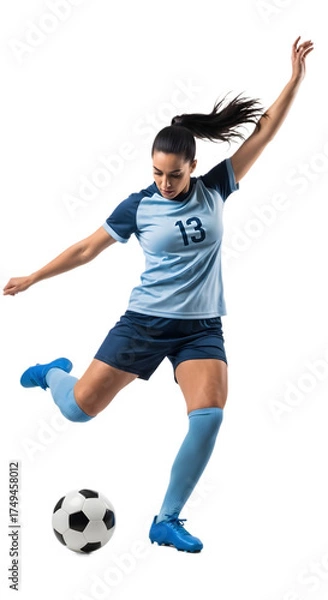 Fototapeta Soccer Player Jumping to Kick Ball in Action Pose on White Background, Sports Photography, Studio View	