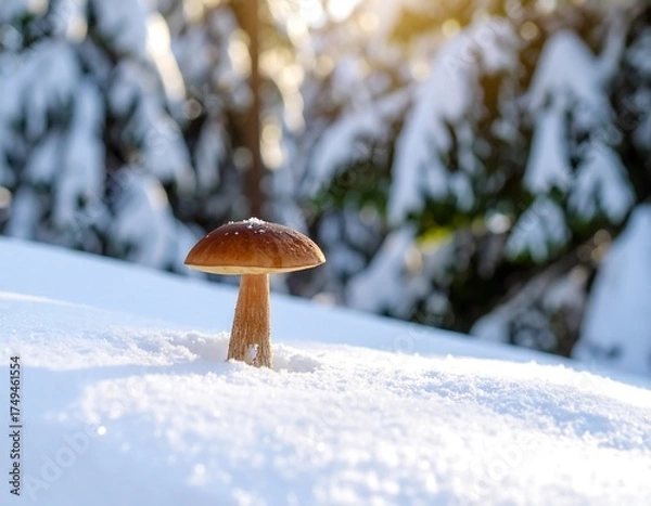 Obraz A lone mushroom stands tall on a snowy ground, with blurred evergreen trees and sunlight in the background