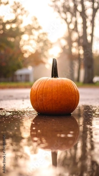 Obraz A lone, round orange gourd stands center stage in a reflective puddle, its stalk reaching upwards against a blurred outdoor backdrop