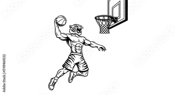 Obraz A tiger-headed muscular figure in shorts leaps towards a basketball hoop, holding a ball ready to dunk.