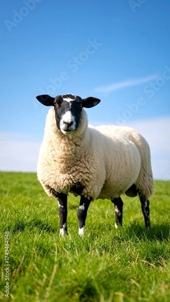 Obraz A lone sheep stands in vibrant green grass under a clear, azure sky. Its wool is bright white, and its face and legs are dark