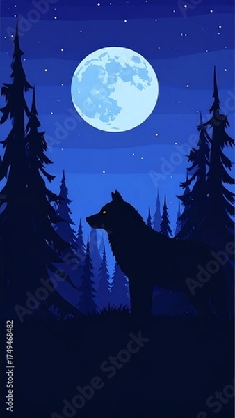 Obraz A lone wolf silhouetted against a moonlit night sky, framed by tall pine trees. Stars twinkle, and the forest is dark