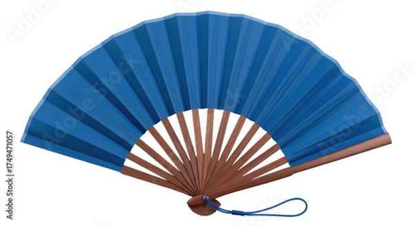Fototapeta Isolated blue folded hand fan made from paper with wooden spokes held together by a rivet