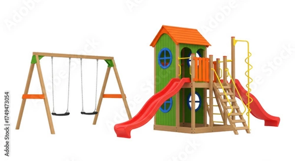 Fototapeta Isolated colorful playground equipment set, swings and climbing structure, for kids