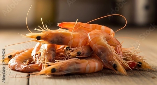 Obraz Fresh Shrimp Pile on Wooden Surface - Seafood Still Life.