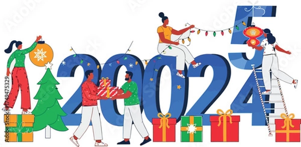 Fototapeta Festive 2025 New Year celebration with diverse people decorating and exchanging gifts, creating a bright, joyful, and modern holiday scene