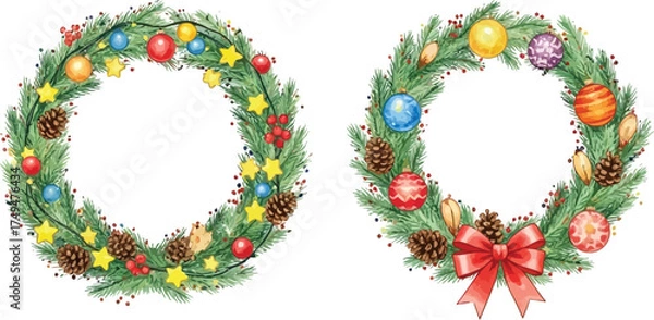 Fototapeta Charming watercolor Christmas wreaths with festive ornaments and ribbons, perfect for holiday cards and seasonal designs adding a touch of handmade elegance