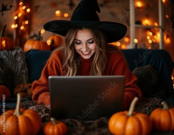 Fototapeta Spellbinding work from home: a young woman in a witch's hat smiles bewitchingly at her laptop embracing the spirit of halloween while working remotely amidst a festive backdrop of glowing pumpkins hal