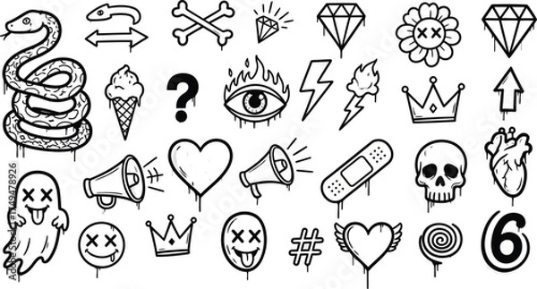 Fototapeta Diverse collection of cool graffiti style icons including snake, skull, heart, diamond, and ghost
