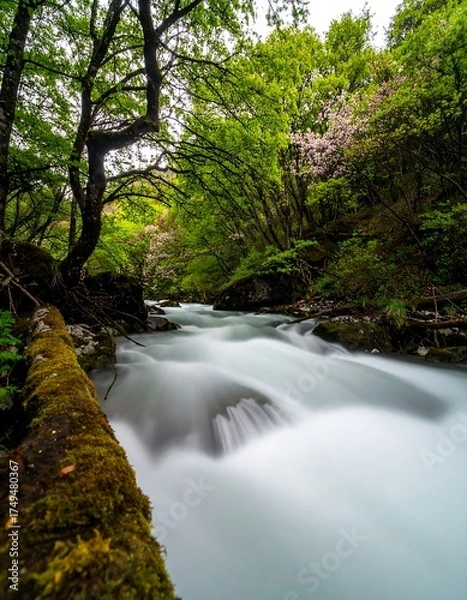 Obraz A long exposure captures the flowing water of a creek surrounded by vibrant green foliage and a touch of pink blossoms