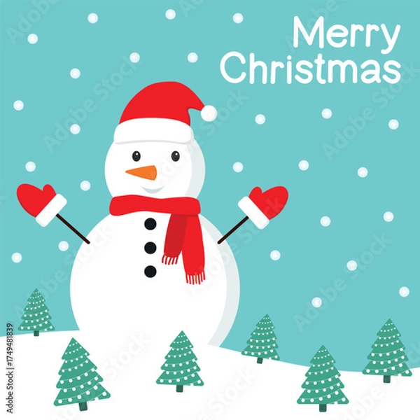 Fototapeta Cheerful snowman in mittens standing in a forest with Christmas trees. Winter holiday card for Christmas and New Year. Flat cartoon vector illustration.
