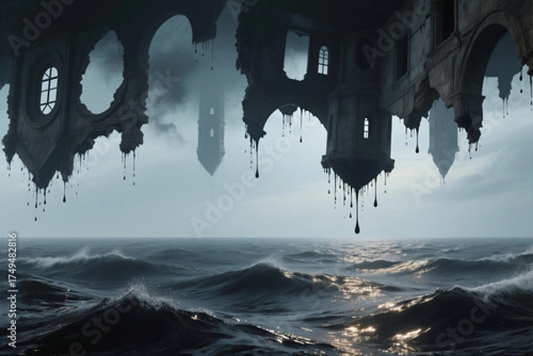 Obraz Upside Down Gothic Architecture Melting Over Stormy Ocean Waves